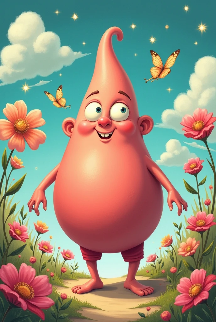 A human penis with a very large glans with hands and feet