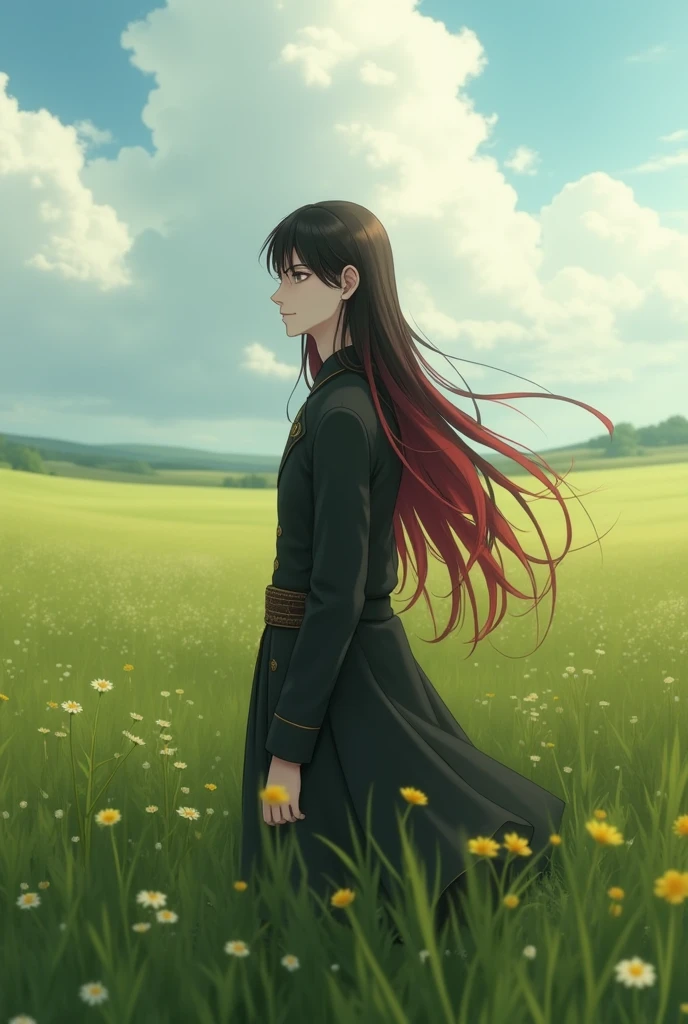 Make a young Germanic man with dark red hair and black hair, His name is Yuu Leir and he is ., He has 1,82 tall, He's a tall man, her hair is long and reaches her back, His face is a little effeminate but his body is thin but strong., he is smiling slightly calmly in a cloudy field without rain, photo realistic image.