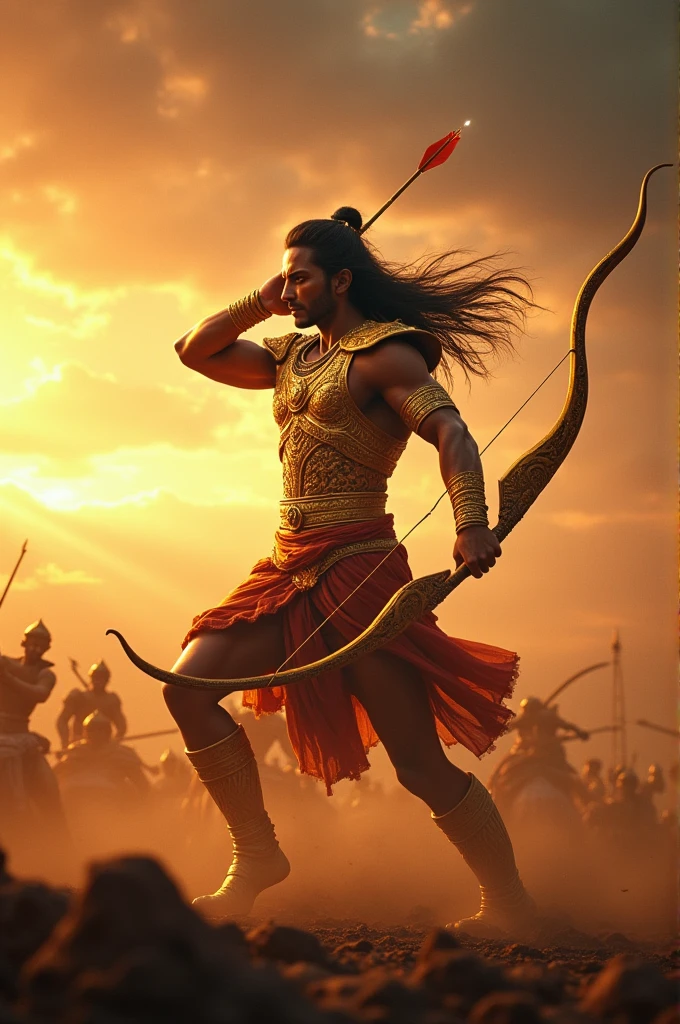 “A highly realistic and cinematic digital artwork of Arjuna, the legendary warrior from the Mahabharata, standing in a heroic pose. Arjuna is depicted with intense focus, his chiseled face showing determination and strength. He is dressed in ornate, golden armor adorned with intricate patterns and divine symbols, glistening under the light of a setting sun. In one hand, he holds the Gandiva bow, its powerful limbs curved and glowing with divine energy. The other hand is pulling back an arrow, ready to release it. The arrow itself is glowing with a radiant, ethereal light, signifying its celestial origin. Behind Arjuna, the battlefield of Kurukshetra stretches out, with dust and shadows swirling, hinting at the ongoing epic war. The sky above is dramatic, filled with swirling clouds and beams of light, as if the heavens are watching the hero. Arjuna’s expression is resolute, embodying the spirit of a warrior destined for greatness.”
