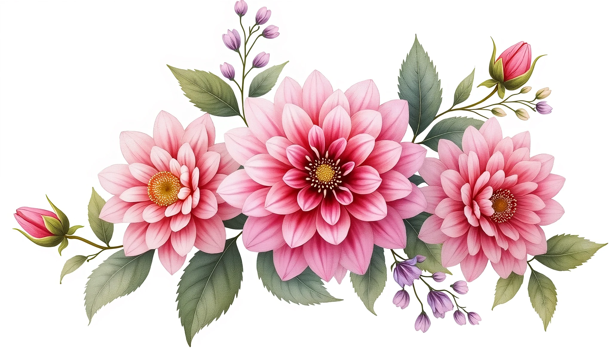 a robust bouquet with many flowers in watercolor illustration of spring pink Dahlia flower, isolated white background, vintage oil paint style
