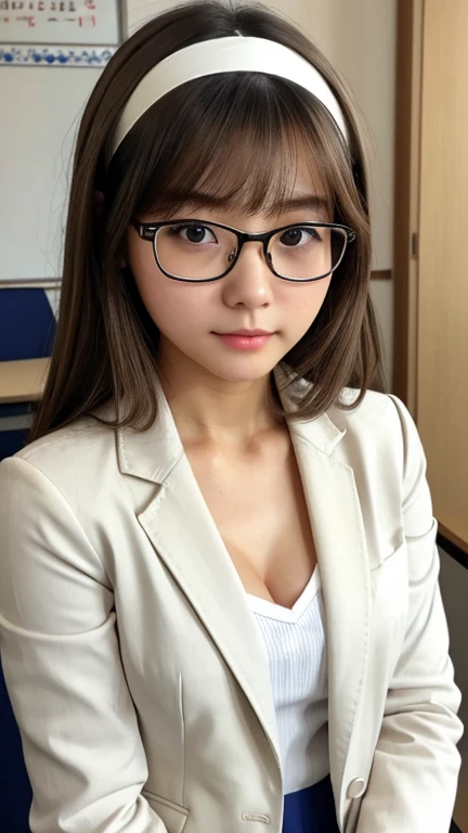 Highest quality、Realistic、、Japanese、zoom、cute、classroom、Grey Eyes、Light brown hair、Bob Hair、Off-white blazer、White blouse、ribbon、Blue Check Pleated Skirt、Face close-up、thin、Small breasts、Pouting、freckles、Glasses、head band