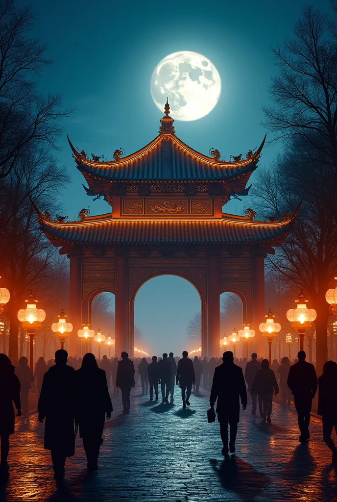 Chinese KING pavilion, at night scene , horizontal, people walking blur effect