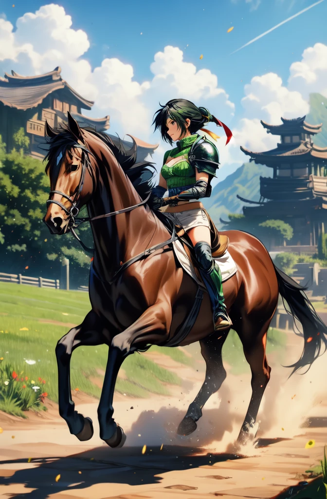 ((highest quality:1.2)), ((anime masterpiece)), (high detailed), 8k, cinematic lighting, anime screencap, HDR, yuffie kisaragi riding a BROWN HORSE, (yuffie kisaragi, {black hair}, small breast, cleavage), (green armor, white gauntlet, white miniskirt, white boots), mountains, outdoor, open field, ((from side: 1.2)), anatomically correct