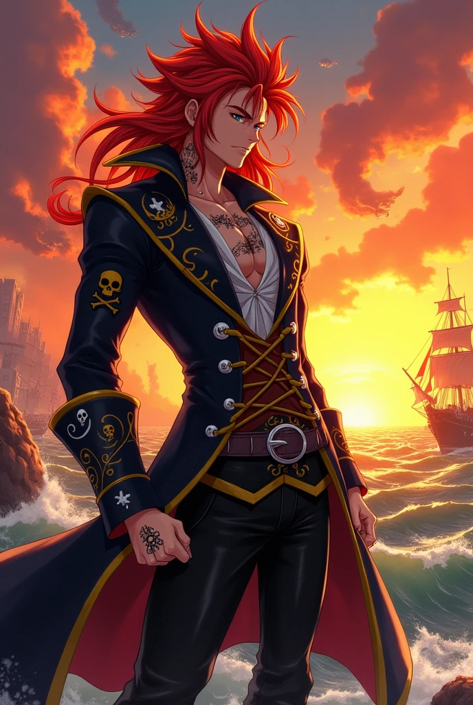 A square pirate-style anime guy with fire