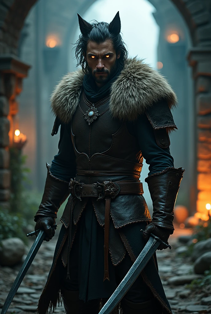you could create a man with a bestial appearance from medieval times with a wolf appearance with two completely black daggers