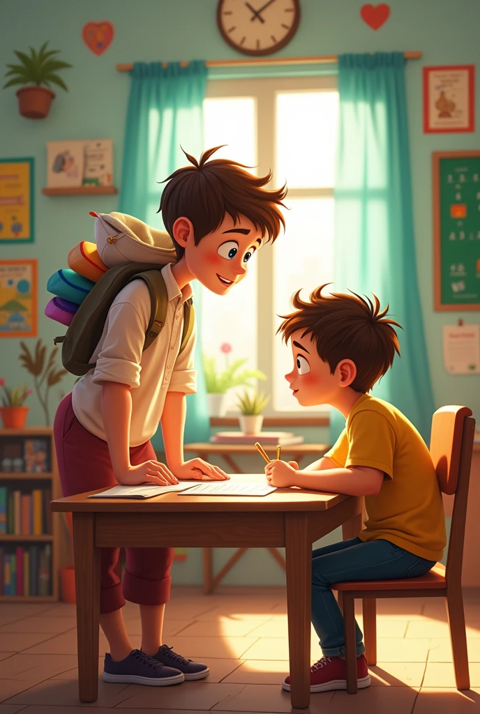 In cartoon The teacher is helping Daniel with his lesson. Daniel is sitting comfortably in his chair at the table.. Cristian was supposed to wait his turn. Instead he started to get up on the table.. The teacher told him: “Don’t get on the table”. Cristian remained on the table.