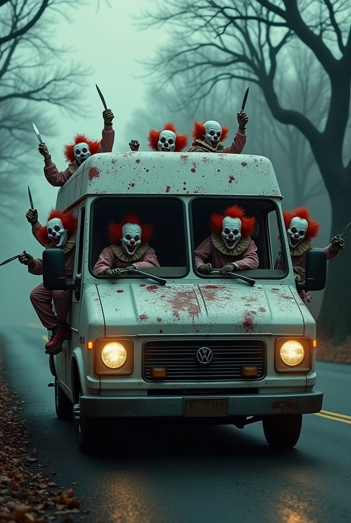  van is filled with insane, terrifying clowns, all psychopathic and covered in blood. Some of them are sticking their heads out of the van. The van is new but splattered with blood, angled slightly to the right as it drives, with one clown at the wheel, looking deranged. The other clowns are playing with knives, creating a horrifying scene that instills panic in anyone who sees it