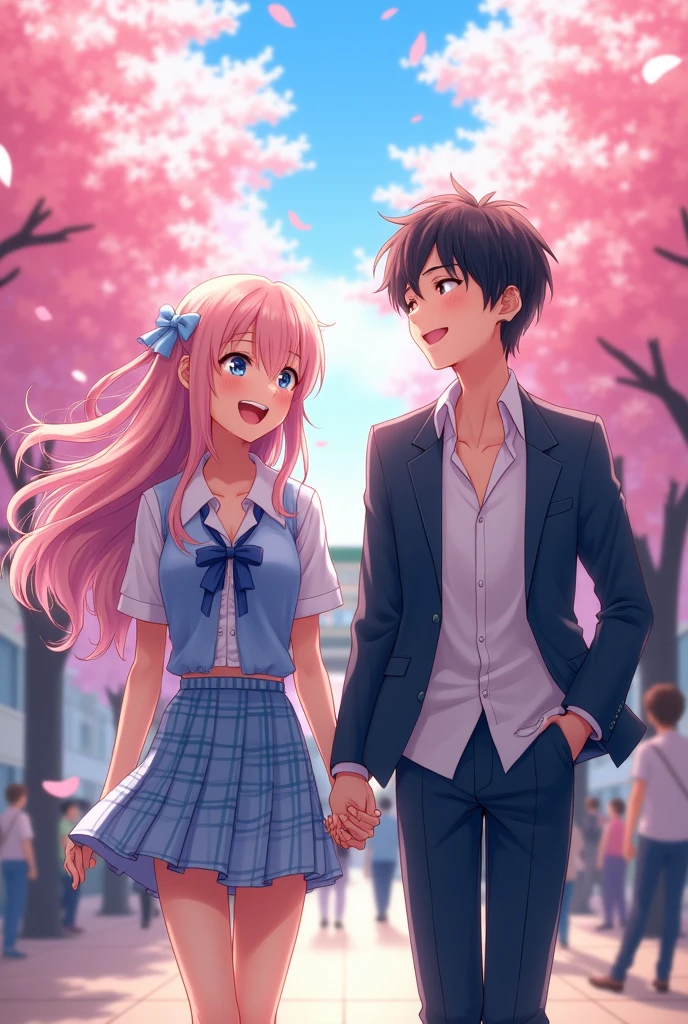 Two grown up teenage lovers holding hands smiling in an anime style school