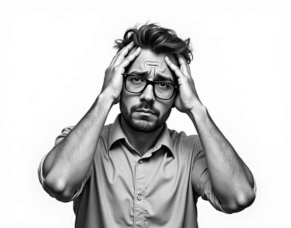 on a white background, placed in the form of a semi-realistic style drawing, to a 32-year-old man, head on, grabbing his head in confusion, With glasses if you wear them but you will not carry additional items