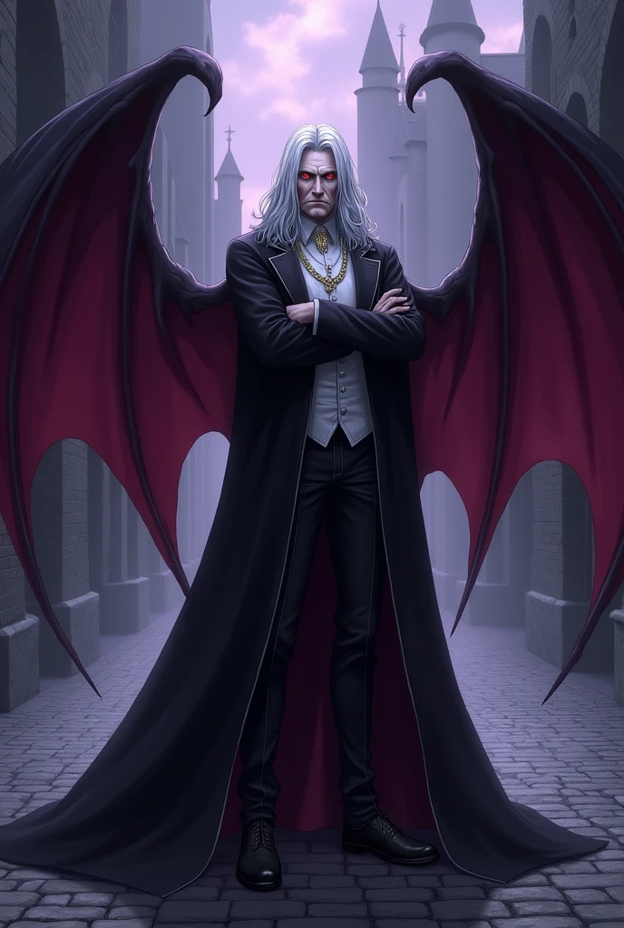 An old classy vampire with crossed arms and bat wings in anime style