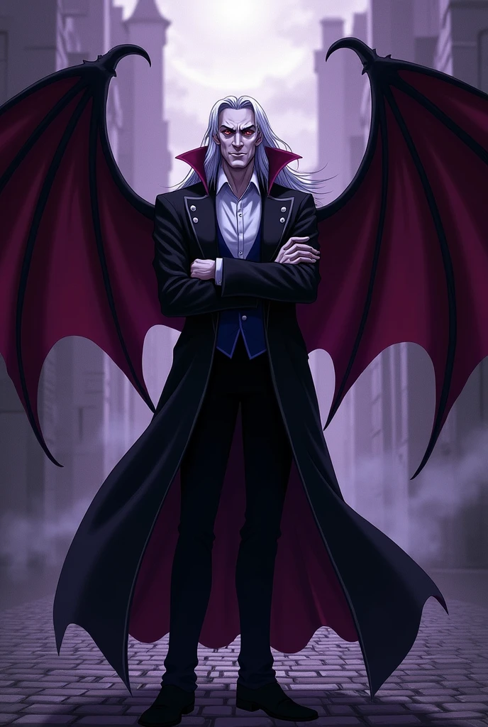 An old classy vampire with crossed arms and bat wings in anime style