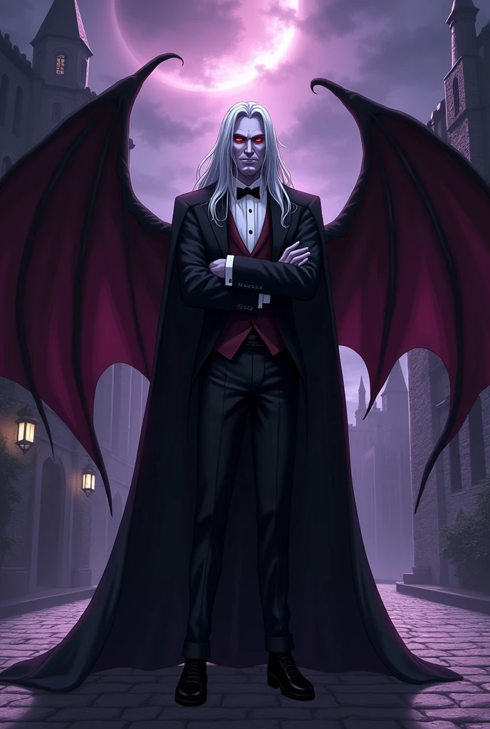An old classy vampire with crossed arms and bat wings in anime style