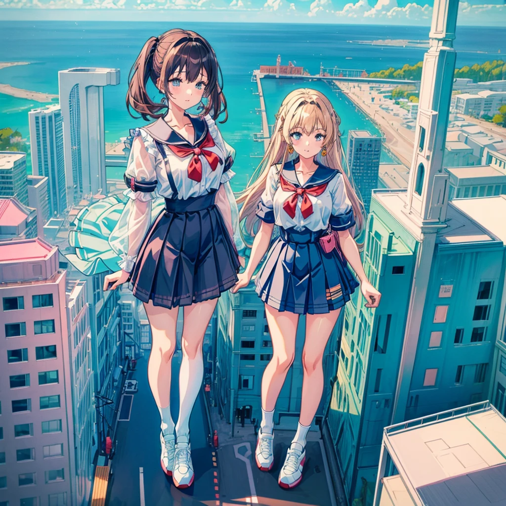 Perspective from above Giant girl
Masterpiece Unreal Engine Anime style Delicate picture 4K 90's Crowd ((Amusement park)) ((Giant high school girl standing at an amusement park)) Ferris wheel Roller coaster Crowd Skirt Big breasts Summer uniform Short sleeves School uniform Sneakers White socks Wristwatch Black hair Smile Blue sky Thundercloud Airplane Cloud Female Giant Giant Girl Full Body, Crowd Unreal Engine, Cleavage, Photo, Earrings, Long Hair, 1980s (Style) Cute Photo Beauty Analog Style Full Body Sneakers,