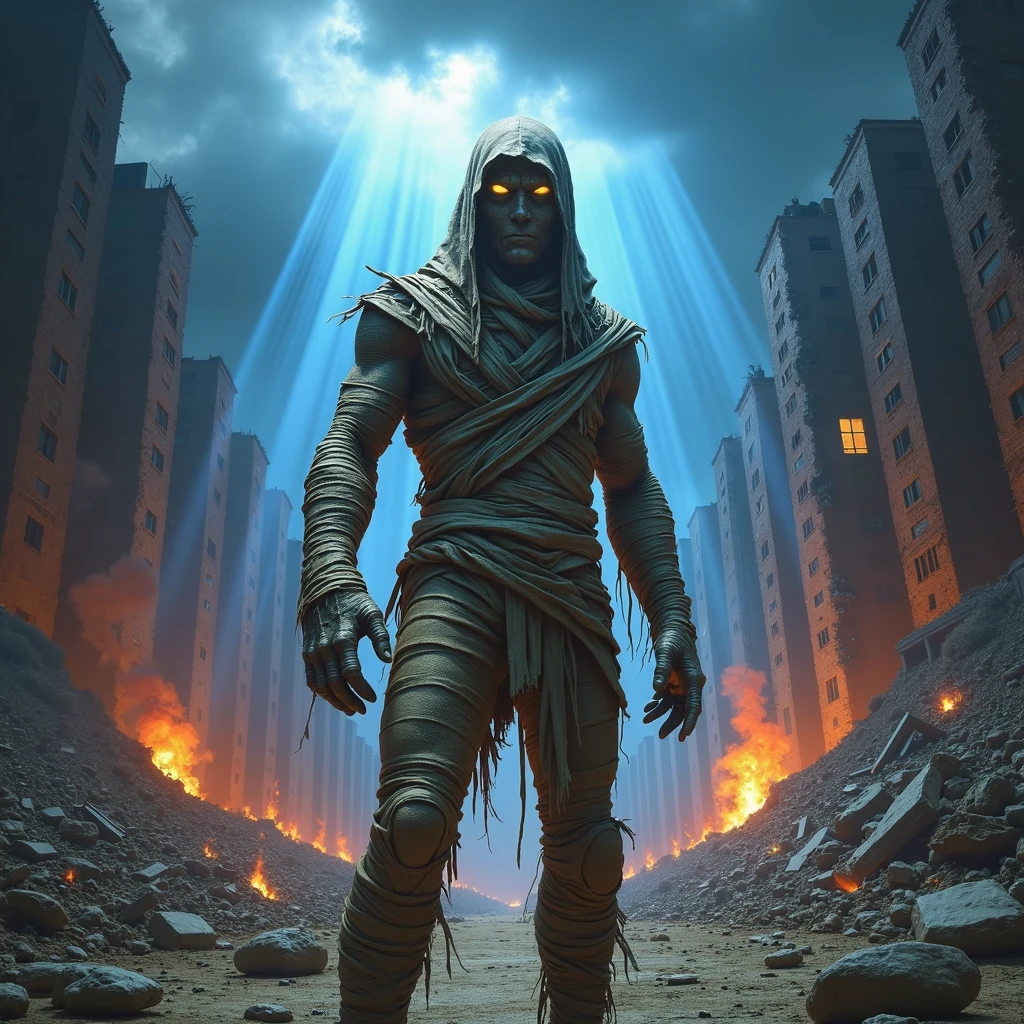 create an image of a full-body mummy in the style of the iron maiden band, the image must contain iconic elements in the band's style, such as dark and intense details to give a tone of mystery and intensity. The background must be a destroyed city with a post-apocalyptic tone with destroyed buildings catching fire and blue rays falling from the sky
