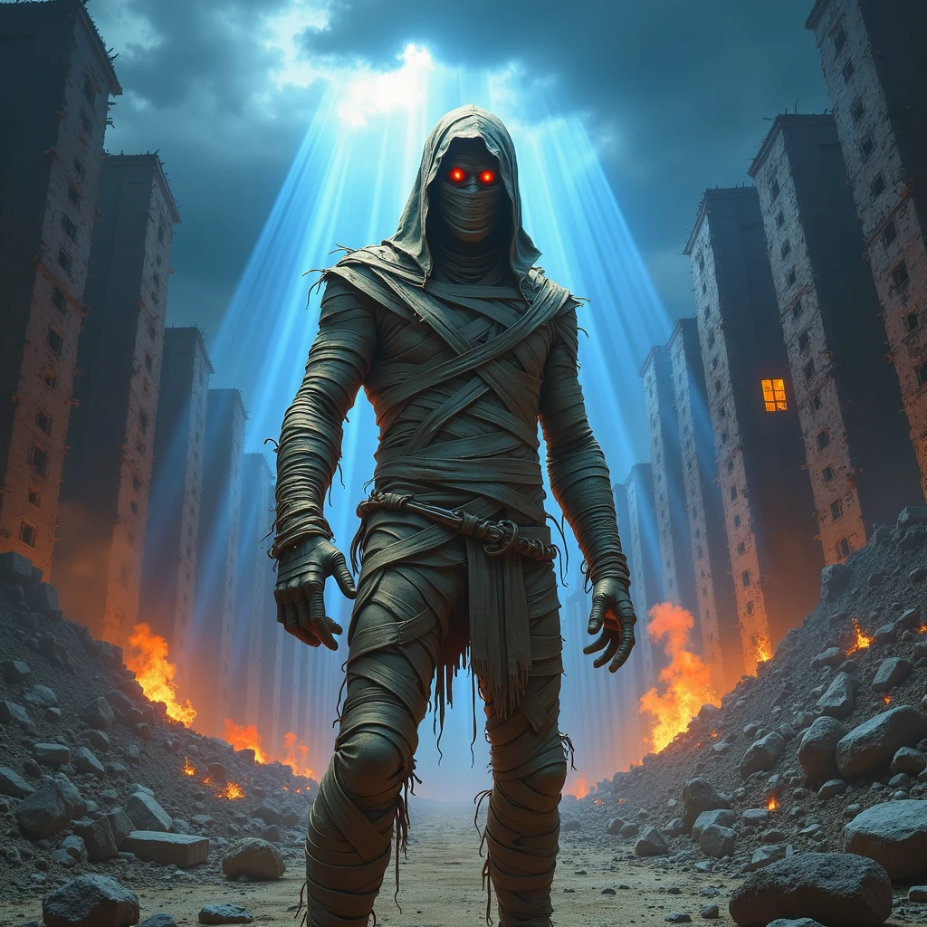 create an image of a full-body mummy in the style of the iron maiden band, the image must contain iconic elements in the band's style, such as dark and intense details to give a tone of mystery and intensity. The background must be a destroyed city with a post-apocalyptic tone with destroyed buildings catching fire and blue rays falling from the sky