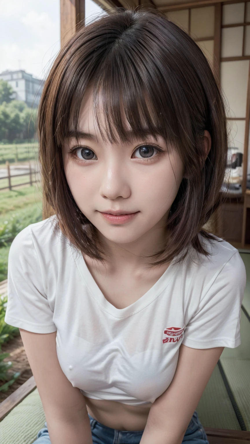 One beautiful girl, Baby Face, (Japanese beautiful girl, Delicate:1.3), (18-year-old:1.3),
break, (Lush countryside background:1.2),
break, Shy laugh, Very beautiful eyes, (Symmetrical eyes:1.3),
break, (E cup breasts:1.3), Cropped Logo T-shirt:1.3, hot pants:1.3, Beautiful legs, Brown eyes, Parted bangs, Brown bob cut hair, Round face, cute,
break, (Eye and facial details:1.0),
break, (masterpiece, Highest quality, Very detailed, Detailed face, 8k)