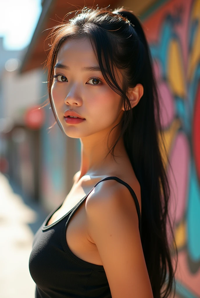A beautiful Asian girl, 18years old, with black hair pony tail, no bang, white skin, thick lips, tall nose, long eyelashes, and big bust.