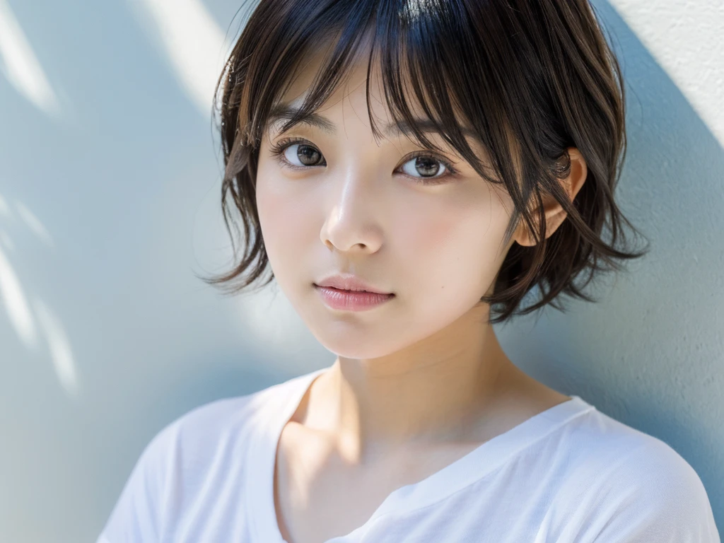ultra high res, RAW photo, 1 Japanese cute women in her 20s photos, upper body, Take a photo from the front, Portrait, surface focus, (light blush), white T-shirt, bright natural light shines softly on the white wall background, photon mapping, Physically based rendering, fluffy short hair, blunt bangs, Handsome, girly, slightly baby face, (Looks like Sasaki Nozomi's face:1.1), a slight distance between her eyes and eyebrows for an ennui look, Rich details