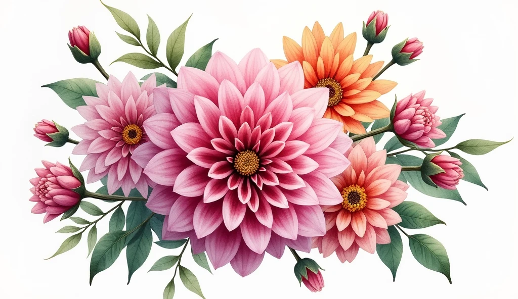 a robust bouquet with many flowers in watercolor illustration of spring pink Dahlia flower, isolated white background, vintage oil paint style high detailed 4k ultra HD