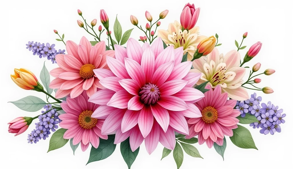 a robust bouquet with many flowers in watercolor illustration of spring pink Dahlia flower, isolated white background, vintage oil paint style high detailed 4k ultra HD