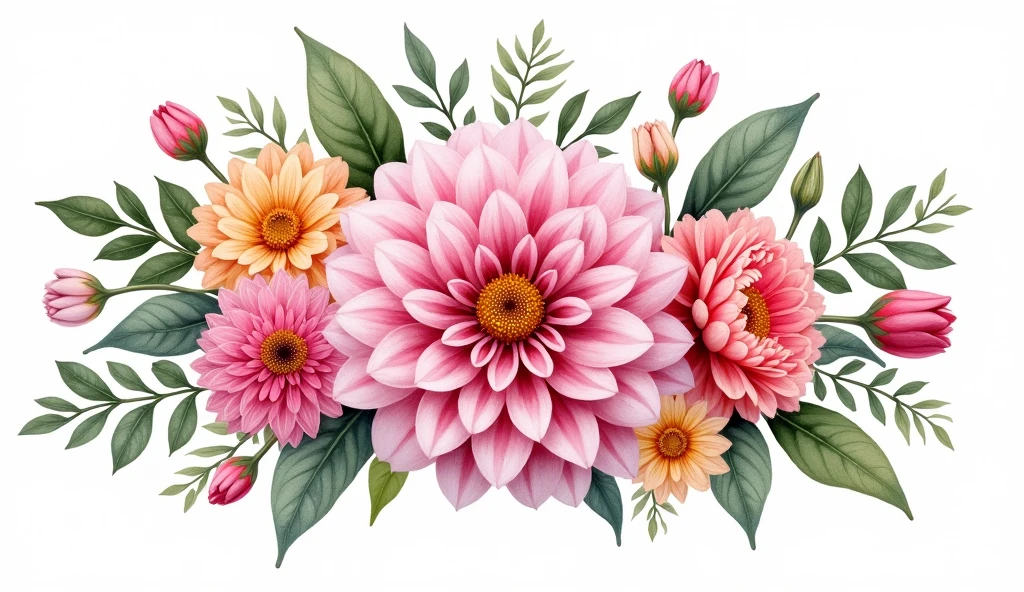 a robust bouquet with many flowers in watercolor illustration of spring pink Dahlia flower, isolated white background, vintage oil paint style high detailed 4k ultra HD