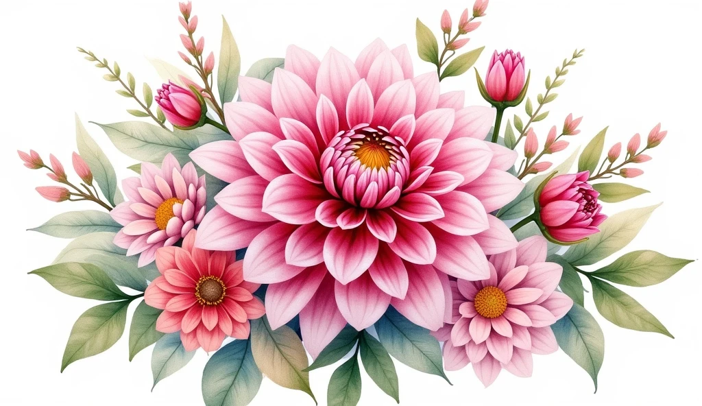 a robust bouquet with many flowers in watercolor illustration of spring pink Dahlia flower, isolated white background, vintage oil paint style high detailed 4k ultra HD