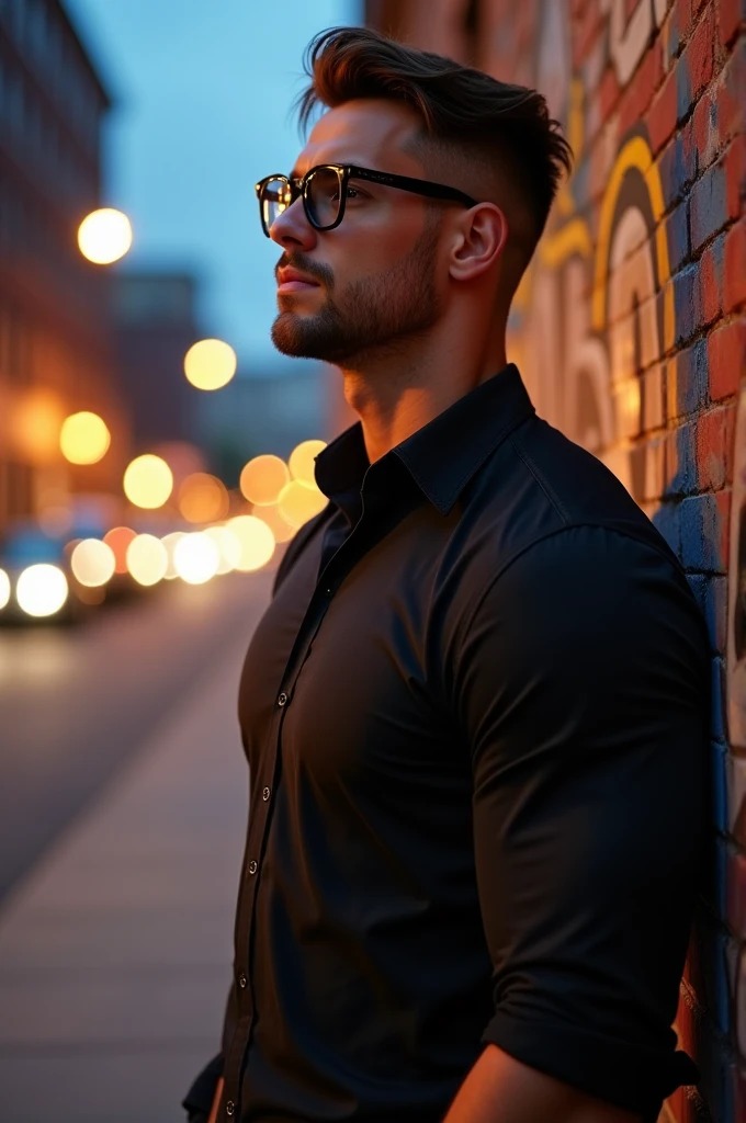 Male character wearing black shirt and glasses
