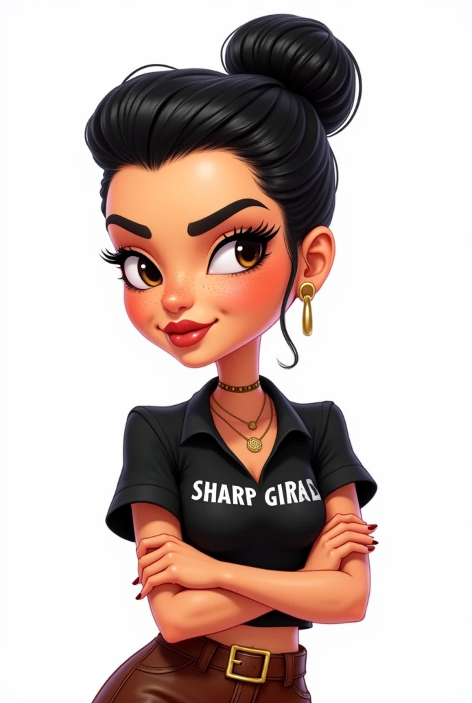 Cartoon feminino, slicked black hair, hair parted in the middle, face with freckles, brown balios, black blouse with the small name SHARP GIRLS on the shirt on the side of the chest, image background all white, and the one with her arms crossed