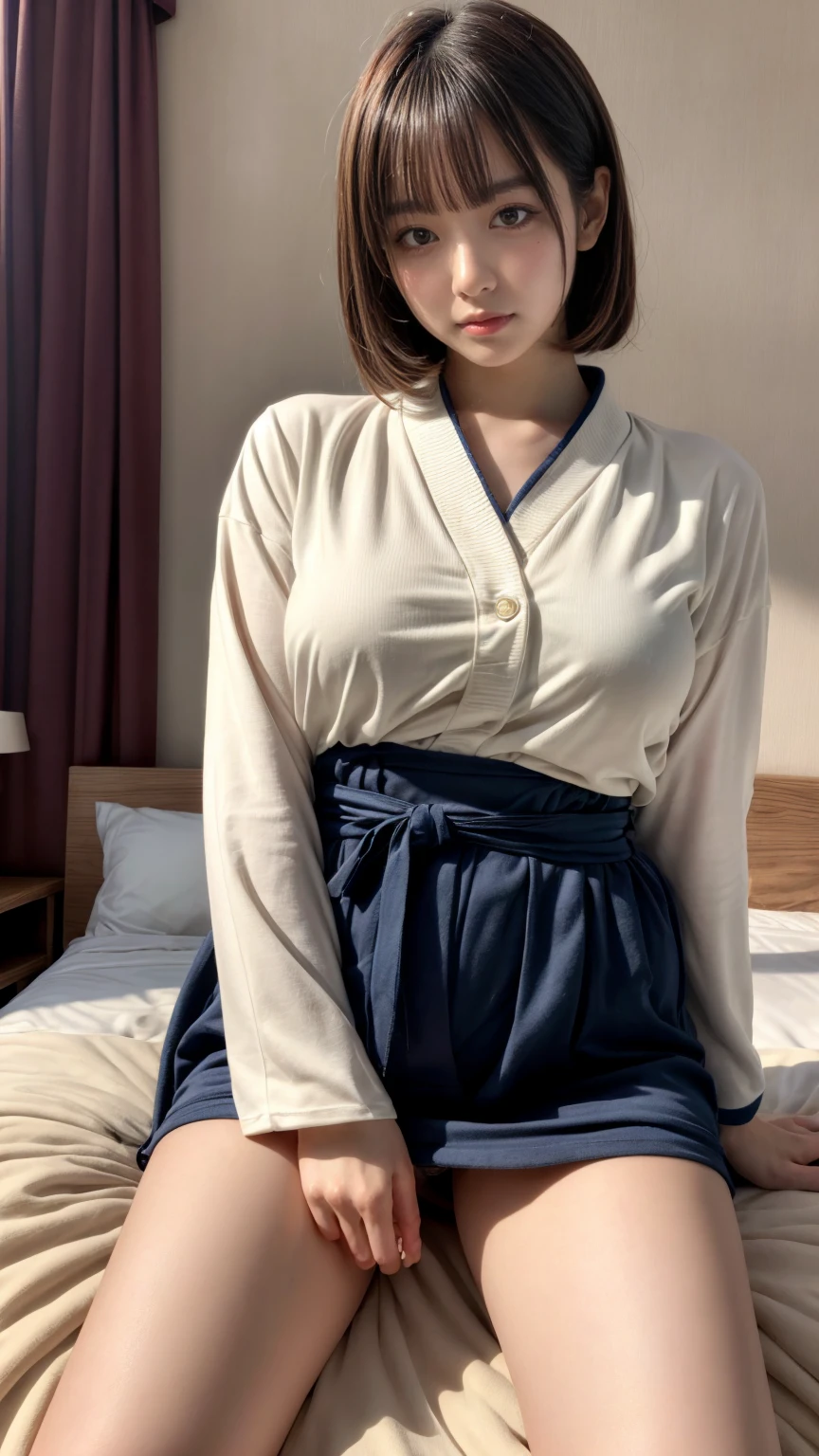 masterpiece, best quality, illustration, Super detailed, fine details, High resolution, 8K,wall paper, perfect dynamic composition,(Details High quality, realistic depiction of eyes:1.3), oversized judo uniform white, sitting, open legs, short bob hair, in a hotel room in the background, large breasts, black hair color, Big Natural Color Lip, (perfect body shape), crying a little、Harajuku style、20 year old girl、cute type、beautiful legs, Gravure Idol