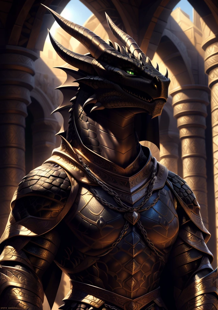 Realistic, detailed, beautiful, masterpiece, HDR, castle interior background, fantasy setting, king, ((gold armor, gold breast plate, chain mail, gold pauldrons, gold greaves, gold leg armor, wearing gold armor, black robes, black cloak, wearing black robes and cloak)) dragon, anthro, male, male body, black skin, (black scales:1.9), (two long thin horns:1.3), green eyes, detailed eyes, perfectly shaped body, confident majestic pose, finger black claws, masculine facial features, seductive gaze, neutral facial expression, black pointed ears, standing tall, out doors, daytime, close-up, portrait, face focus,
(detailed Bonifasko lighting), (detailed scales), (detailed skin), (male dragonborn), BREAK, ((long flowing tail)), ((facing viewer)), (cinematic lighting), ((detailed background)), ((portrait view)), (((close-up))), (good lighting), [backlighting], [crepuscular ray], [detailed ambient light], [gray natural lighting], [ambient light on the belly], (higher wildlife feral detail), [explict content], [sharp focus], (questionable content), (shaded), ((masterpiece)), furry dragonborn, reptilian face, furry Fantasy Art, furry Art, Commission for High Res, anthro Art, POV furry Art,Sakimichan beautiful, masterpiece, best quality, detailed image, bright colors, detailed face, perfect lighting, perfect shadows, perfect eyes, green eyes, flawless face, face focus, (masterpiece:1.21), (best quality:1.2), (illustration:1.2), (cinematic lighting:1.3), detailed scales, balanced coloring, global illumination, ray tracing, good lighting, scales, anthro, well lit 
