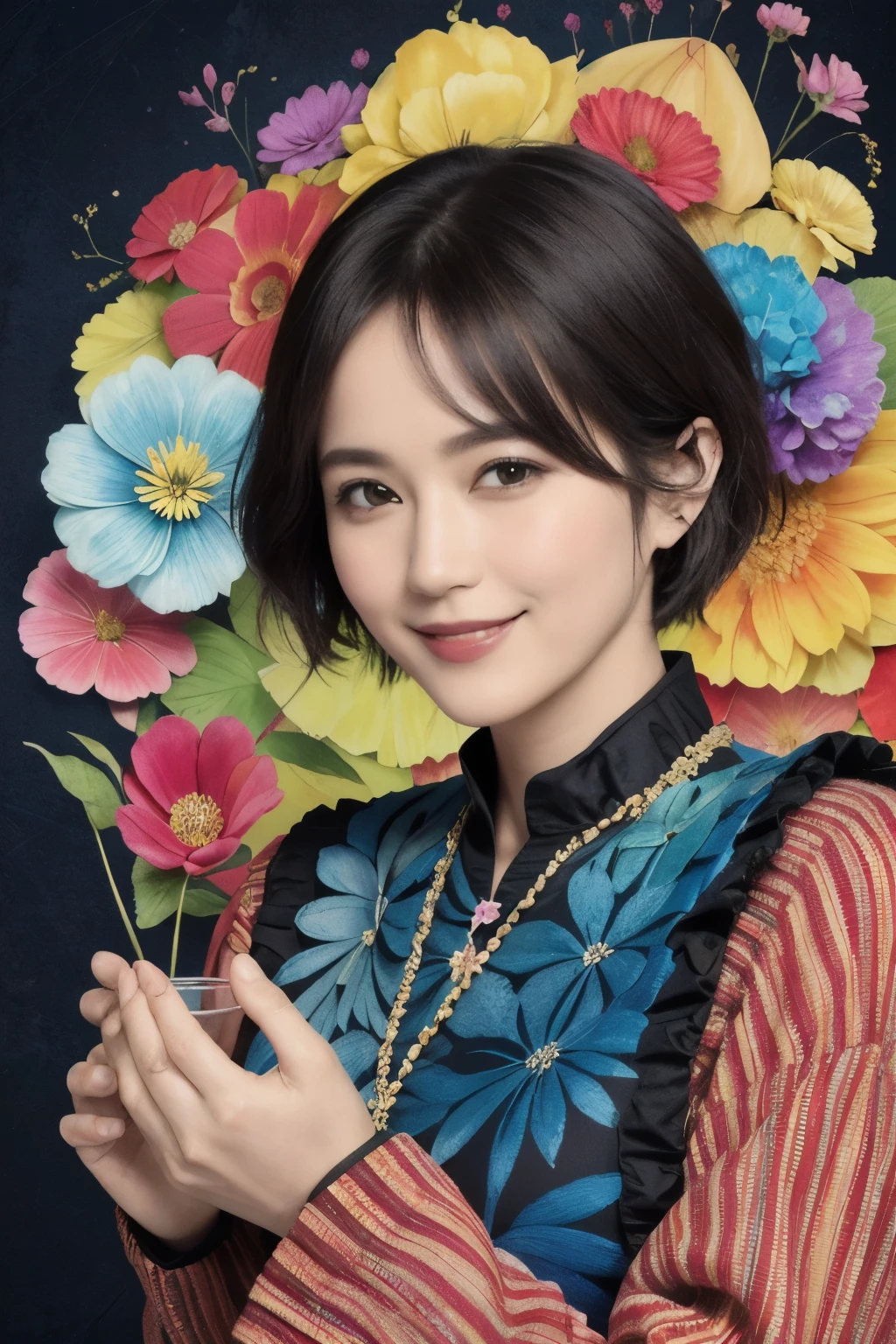 273 (20-year-old woman,short hair), (beautiful:1.2), (Fractal Art:1.1), (flower:1.3), whole body, (Abstract background:1.3), (Many colors:1.4), (Old-fashioned smile), (Hawaii), (Wave:1.1)