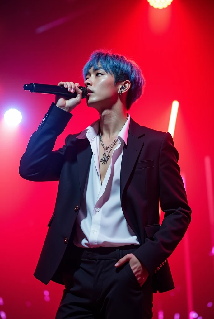 A super handsome k-pop idol, layered hair with blue bangs, black eyes, wear white unbuttoned shirt, black jacket, Hold the mic, in ear, có hình xăm ở cổ, charming, dancing on the red stage, towards the stands full of lightsticks