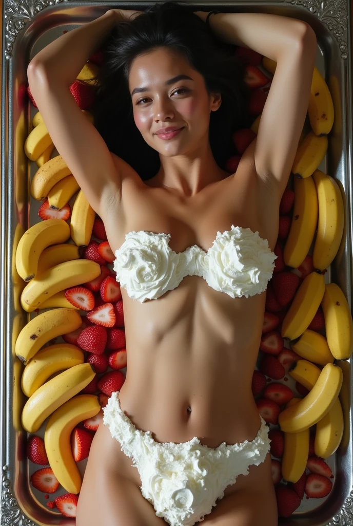  (anatomically correct:1.5), (A young, very beautiful nude woman is lying on her back on a silver tray decorated with a large amount of cut fruit and a dollop of whipped cream:1.5)、(Detailed crotch covered with a lot of whipped cream and cut bananas:1.5)、( Breasts covered with lots of whipped cream and cut strawberries:1.5)、 Hands raised to show armpits, (Cowboy Shot:1.5, Shooting from above, Close-up of a woman:1.7)、Very detailed, Very detailed顔, Very detailed横たわった体, Ideal body type, smile, Seductive lips, Sharp Eye, Perfect Skin, Tight waist, Large Breasts, Dramatic lighting, Glossy finish, Natural Color, Structure of the film, elegant, Sensual and erotic, photograph