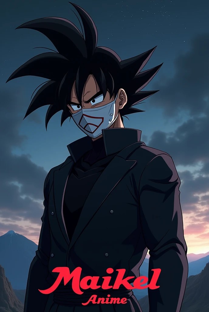 Goku black with a white anbu mask with some small red stripes that cover his entire face but you can see his hair and only his head and you write a logo with this name maikel Anime
