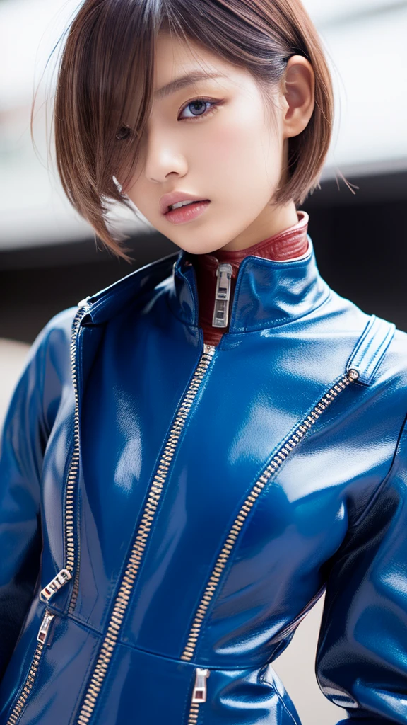 Japan Model , Hair Model, Unique hair details, Translucent zip-up ripped dress, double eyelid, Fuller lips, Professional makeup, Blue to red gradient mullet bob hair, High quality editorial photos、leather jacket、Leather Suit、