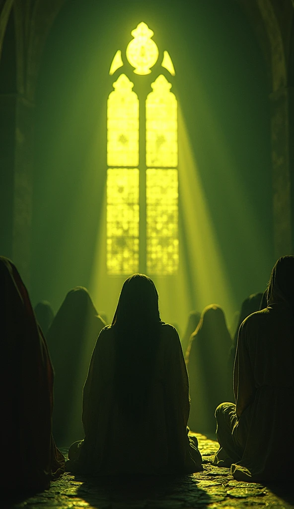 inside a tall chapel, the lighting is yellowish, dark greenish and dark, horror ambience, in the background there are strange people in rural clothes in a tall ancient chapel praying to a god, 真实感, three-sided view, diffraction peaks, character graphic, uhd, precise, texturized skin, super detaill, high qualiy, best qualityer, high resolution