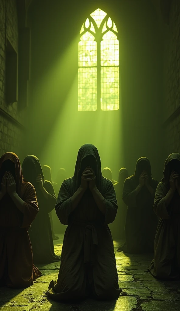 inside a tall chapel, the lighting is yellowish, dark greenish and dark, horror ambience, in the background there are strange people in rural clothes in a tall ancient chapel praying to a god, 真实感, three-sided view, diffraction peaks, character graphic, uhd, precise, texturized skin, super detaill, high qualiy, best qualityer, high resolution