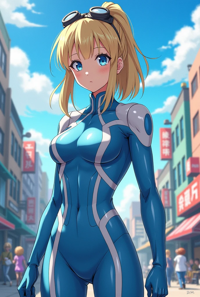 (My Hero Academia) women, blonde with her hair tied in a ponytail, with medium short hair, with fringe, in a hero suit like Uraraka&#39;s but in pastel blue and without the helmet with white details and sunglasses like goggles on his head. light blue eyes, almost gray, beautiful. skinniest 
