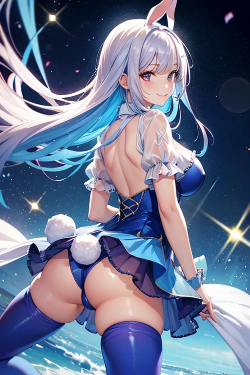 Highest quality, A seductive smile, Spread your legs,See-through clothes,Bunny girl,Blue tights,Big Breasts,Are standing,Back view,