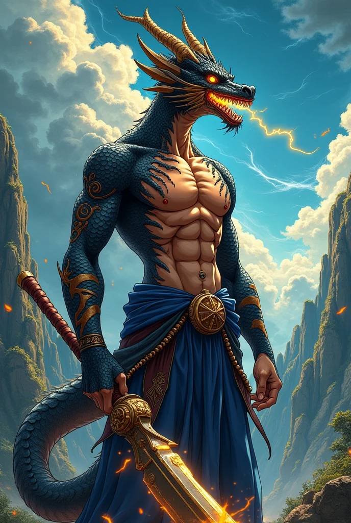 Create a character for an RPG. Make it with anime style lines.make a half human half dragon man like kaido from one piece