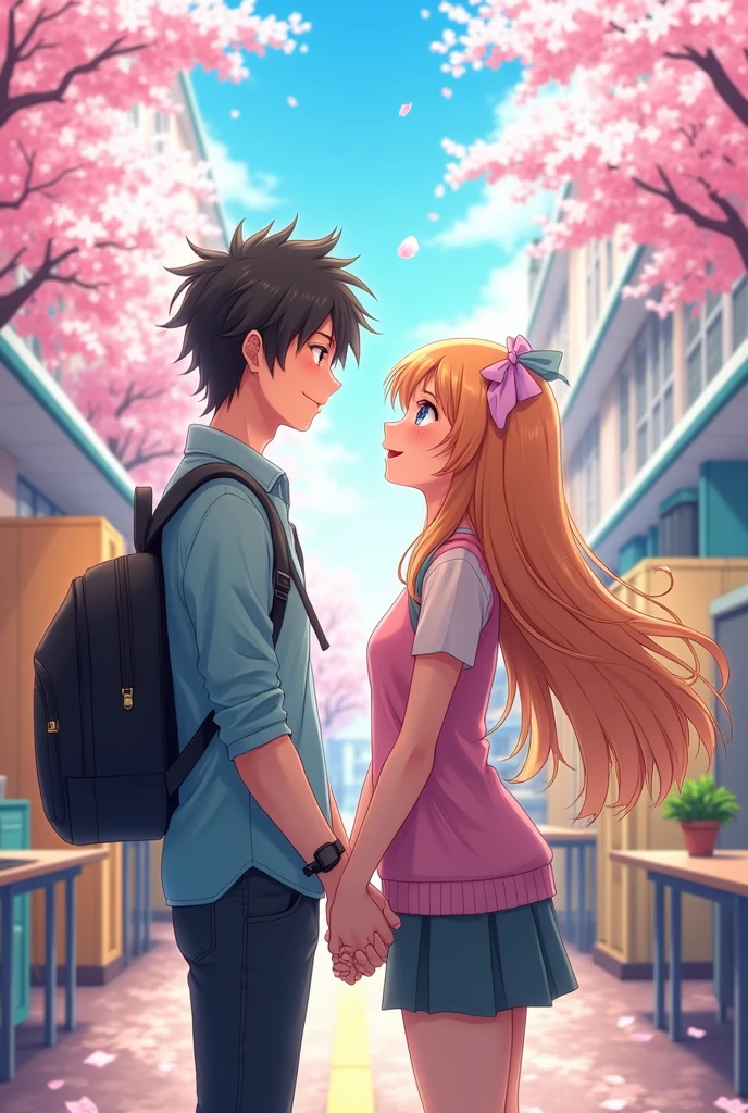 Two grown up age lovers holding hands smiling in an anime style school