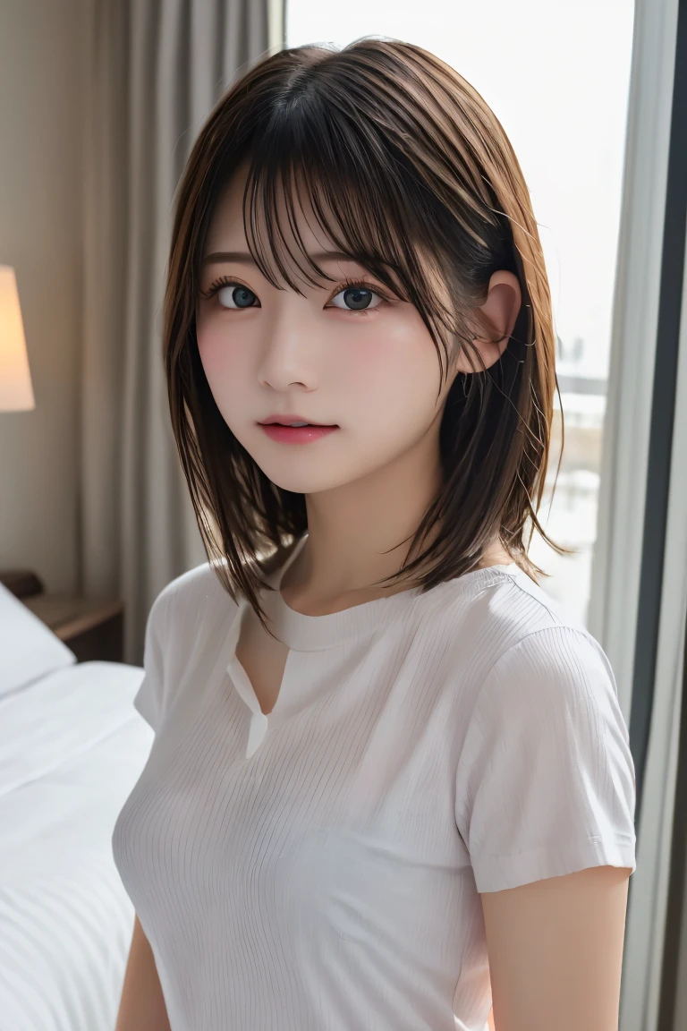 Highest quality, (beautiful)、beautiful女性、、Precision Eyes、Looking into the camera、Straight medium hair、、Hotel room、Completely naked、Completely exposed breasts、Upper Body、Shirt undressing、Short sleeve shirt、