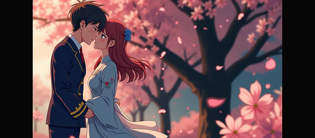 I basically want the same image but in this one they are kissing and the boy has the same color uniform as the girls use Japanese anime artsyle
