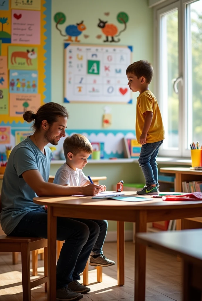 The teacher is helping Daniel with his lesson.. Daniel is sitting comfortably in his chair at the table.. Cristian was supposed to wait his turn. Instead he started standing on the table.. The teacher told him: “Don’t get on the table”. Cristian remained on the table.