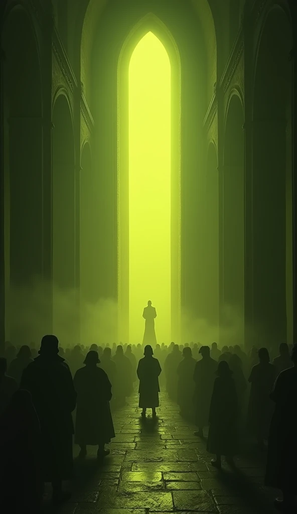 inside a tall chapel, the lighting is yellowish, dark greenish and dark, horror ambience, in the background there are strange people in rural clothes in a tall ancient chapel praying to a god, 真实感, three-sided view, diffraction peaks, character graphic, uhd, precise, texturized skin, super detaill, high qualiy, best qualityer, high resolution