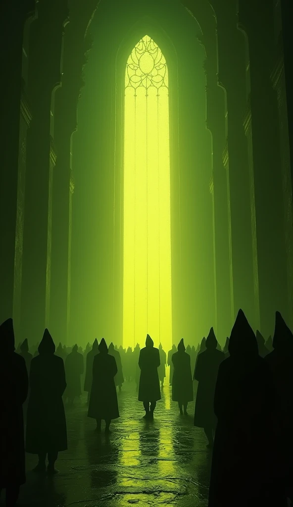 inside a tall chapel, the lighting is yellowish, dark greenish and dark, horror ambience, in the background there are strange people in rural clothes in a tall ancient chapel praying to a god, 真实感, three-sided view, diffraction peaks, character graphic, uhd, precise, texturized skin, super detaill, high qualiy, best qualityer, high resolution