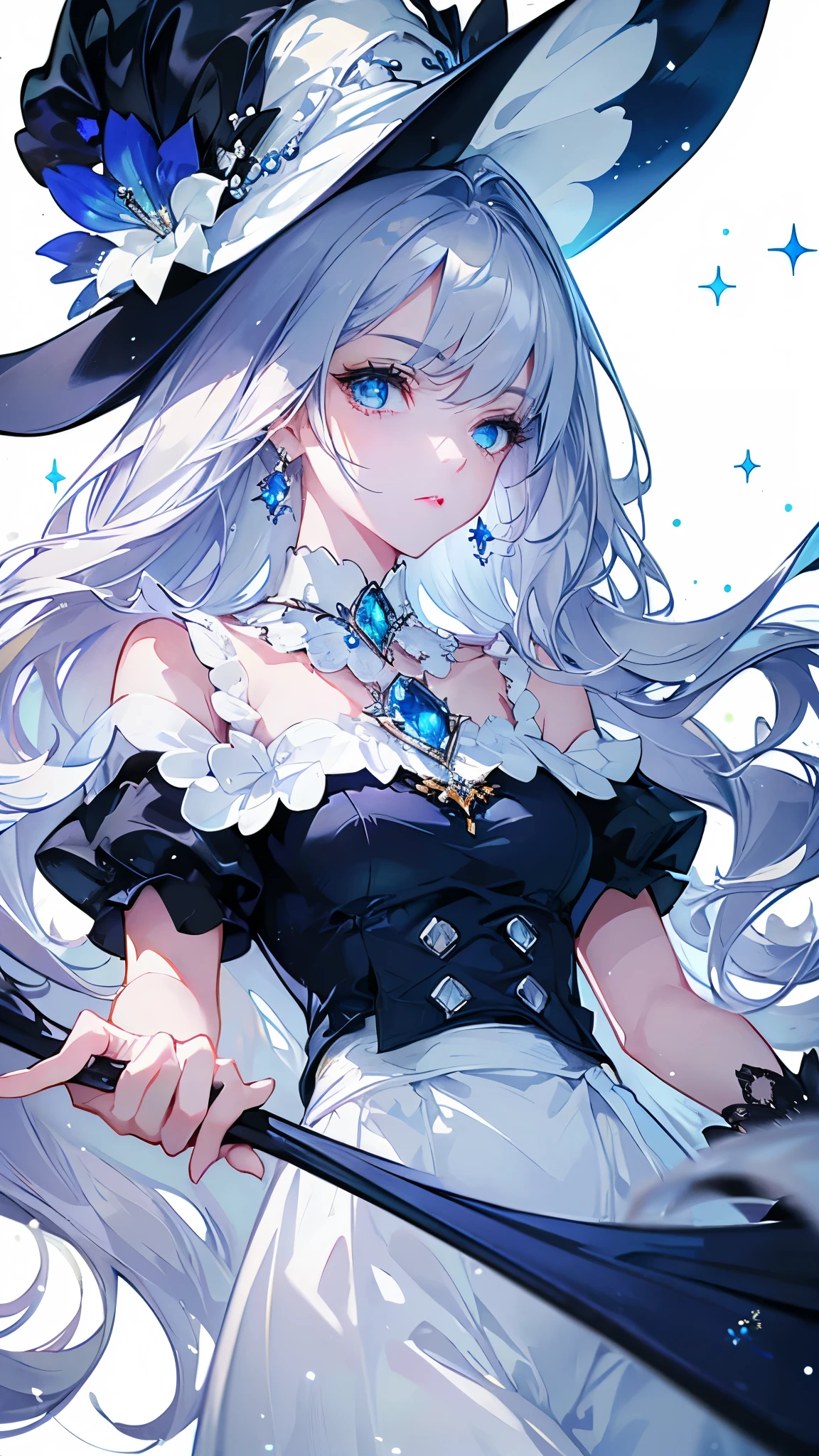 ((masterpiece, Highest quality)), Detailed face，magician，Character portrait，whole body，Perfect Body Proportions，Long legs，((Long Wavy Hair)), ，Beautiful Eyes，Fantasy Style，White Background，Very beautiful，Witch Hat,White hat，Lock，race，pantyhose，Expose,White linen clothes,mini skirt,Silver Hair,Blue Eyes,((Sparkling Eyes)),Golden decoration,Blue Gemstone Brooch,A flower decoration in white and blue on the hat