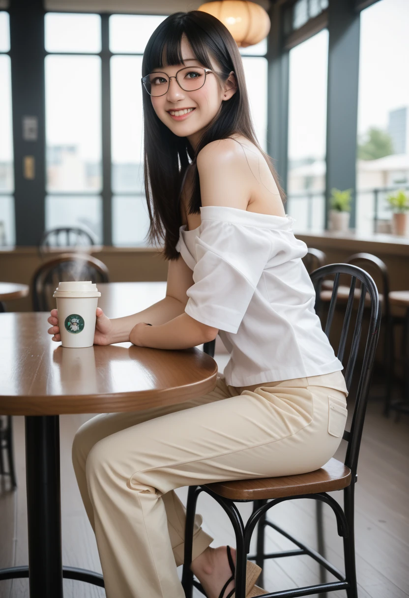 score_9, score_8_up, score_7_up, BREAK rating_explicit,(photo-realistic:1.2),(professional photo), realistic photo,subsurface scattering, volumetric lighting, light from the front, BREAK 1 female,22years old,kawaii,((Japanese)),Japanese idol face,black hime cut hair with side bangs,realistic skin texture,solo,kawaii, perfect body, BREAK (wearing pastel off shoulder top), BREAK (light brown long wide pants,sandals),(pale skin),(slender body:1.2),(small breasts),large hip, (blushing),day,bluesky,cafe,(sitting on chair),(hot coffee & １ cake on the table),from head to knee shot,visible shadow of erect nipples,smile,(small oval Glasses),