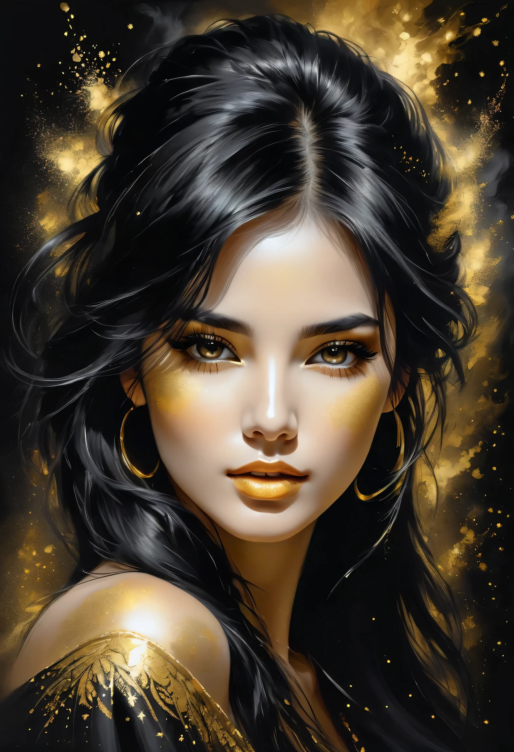 .Gorgeous and hot female charcoal face drawing, on a black background.long black hair, Pino Daeni style.
Gold patterns, gold and black spirit, liquid gold explosion, magic of golden smoke, golden dust, Golden Milky Way, Black background, Magic Mist, alcohol ink,
