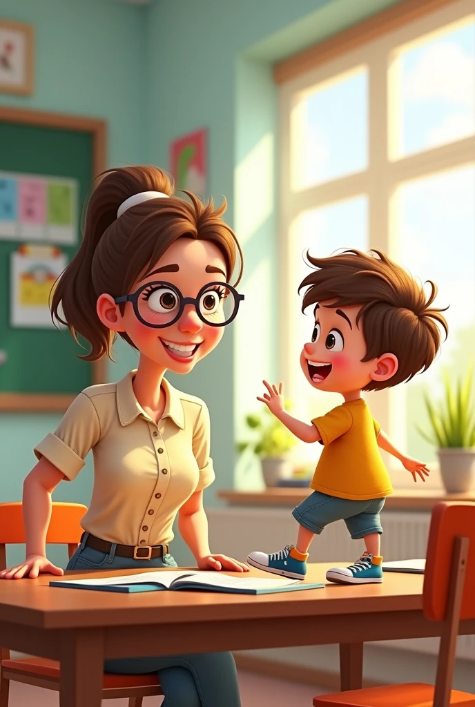 In cartoon The teacher is helping Daniel with his lesson. Daniel is sitting comfortably in his chair at the table.. Cristian was supposed to wait his turn. Instead he started standing on the table.. The teacher told him: “Don’t get on the table”. Cristian remained on the table.
